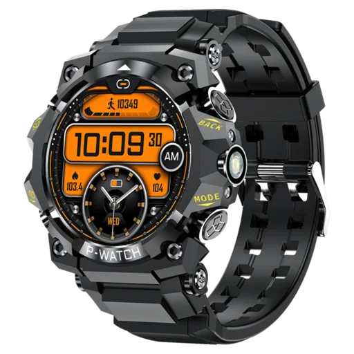 Vantrek X1 robuste Smartwatch mit orangefarbenem Display, Schutzlünette, Taschenlampe und schwarzem Silikonarmband