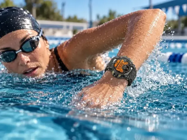 Wasserdichte Vantrek X1 Smartwatch beim Schwimmen im Becken
